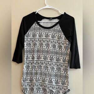 Rue21 Black and White Elephant Pattern Long Sleeve Tee